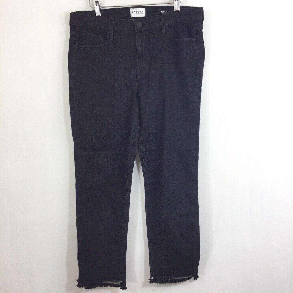 Parker Smith Womens Straight Frayed Raw Hem Black Denim Jeans Size 14/32